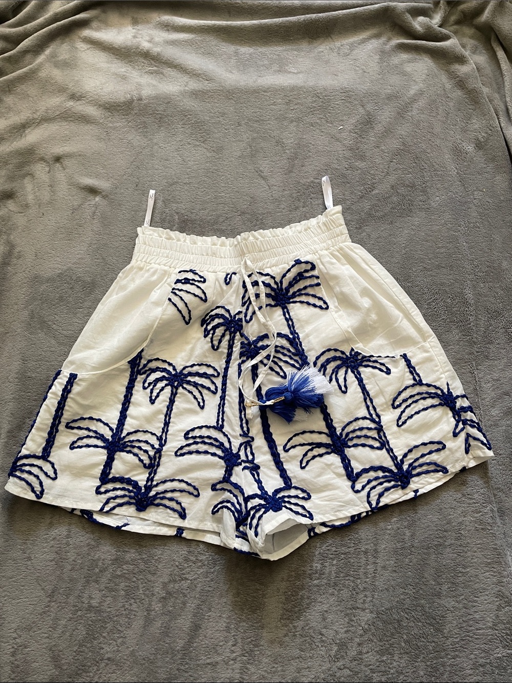 LACE The Label White Blue Embroidered Palm Tree Tassel Shorts M